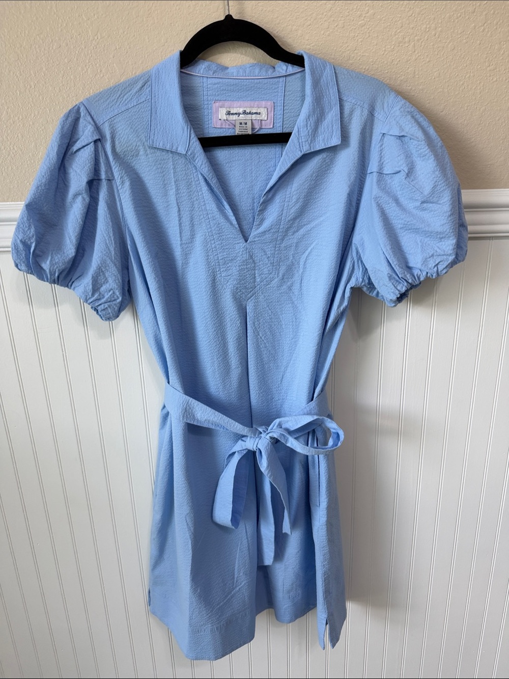 Tommy Bahama Light Blue V-Neck Tie-Waist Short Dress
